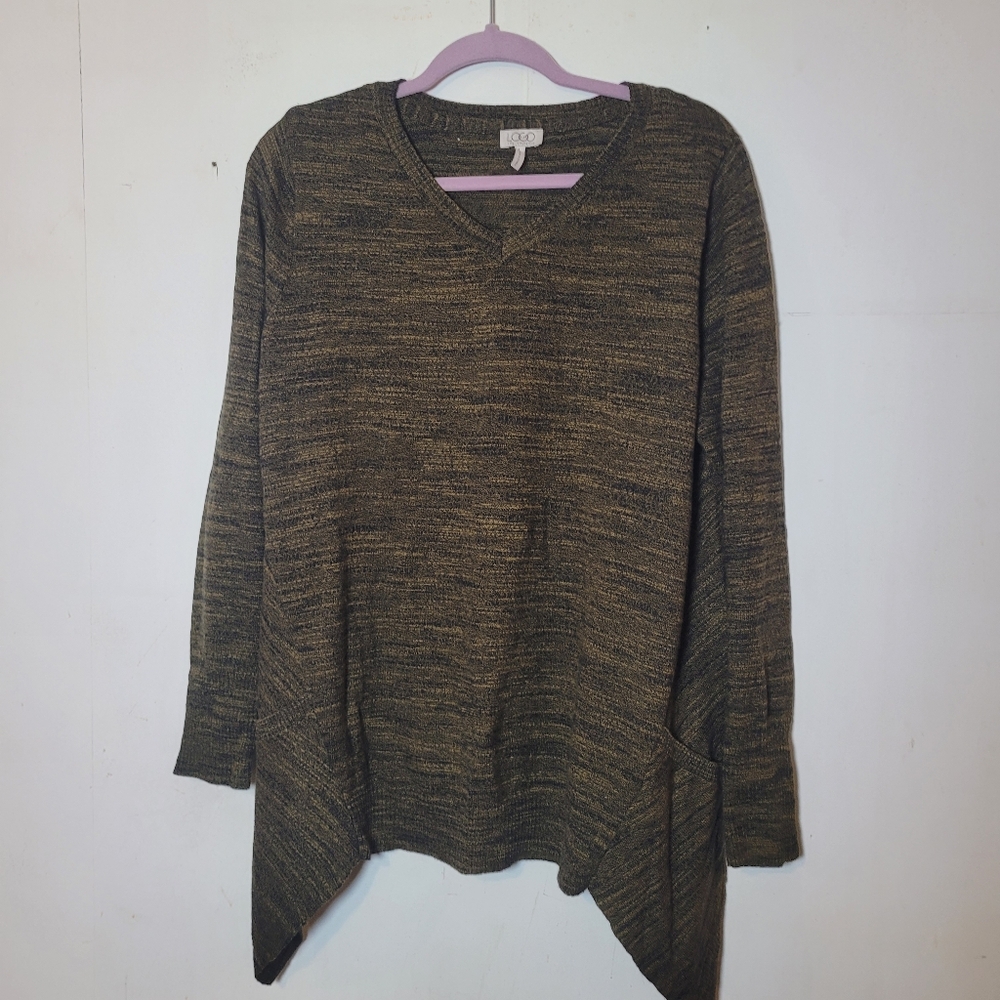 LOGO by Lori Goldstein Olive Knit Drape Sweater Top Size Large